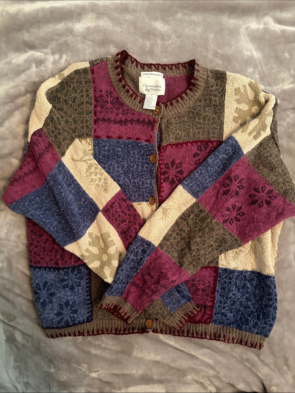 Christopher & Banks Patchwork Crew Cardigan - Plum, Navy, Cream, Olive